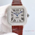 Swiss Quality Replica Cartier Santos 100 Watches Diamond Pave Brown Leather Strap